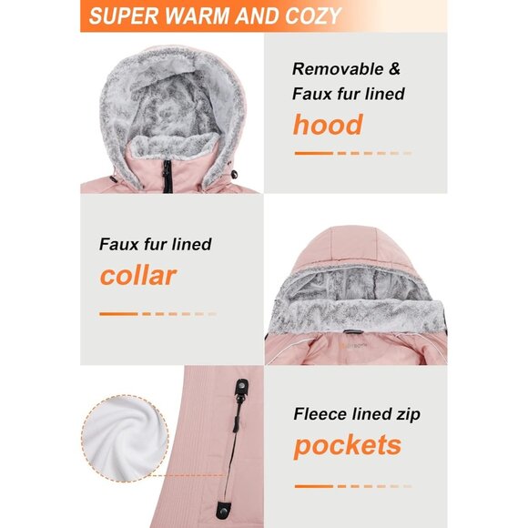 π Women Pink Down Puffer Jacket Warm Winter Coat Faux-Fur Collar Hooded Comfort - Picture 5 of 7